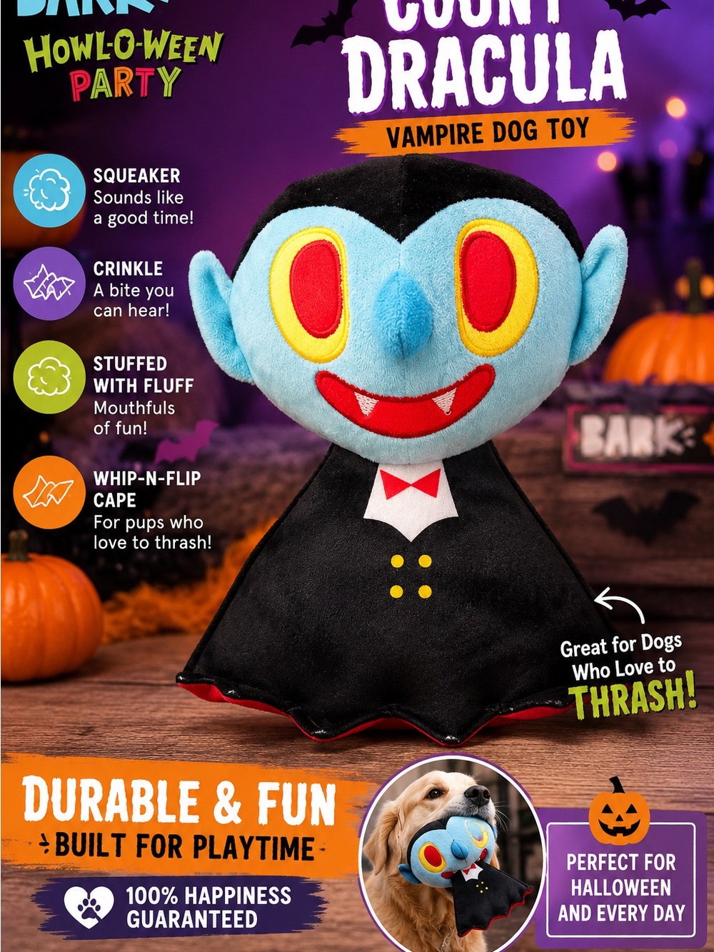 Bark Count Dracula Vampire Dog Toy - Light Blue, Black, Red, Yellow